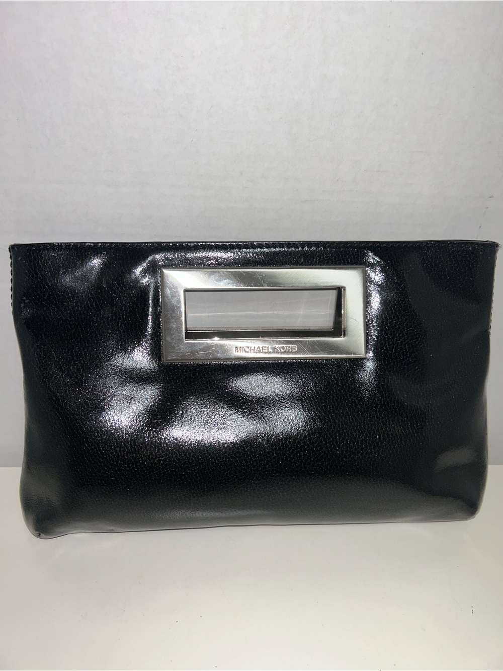Michael Kors Berkley Black Patent Silver Rectangle Hardware Handle Clutch
